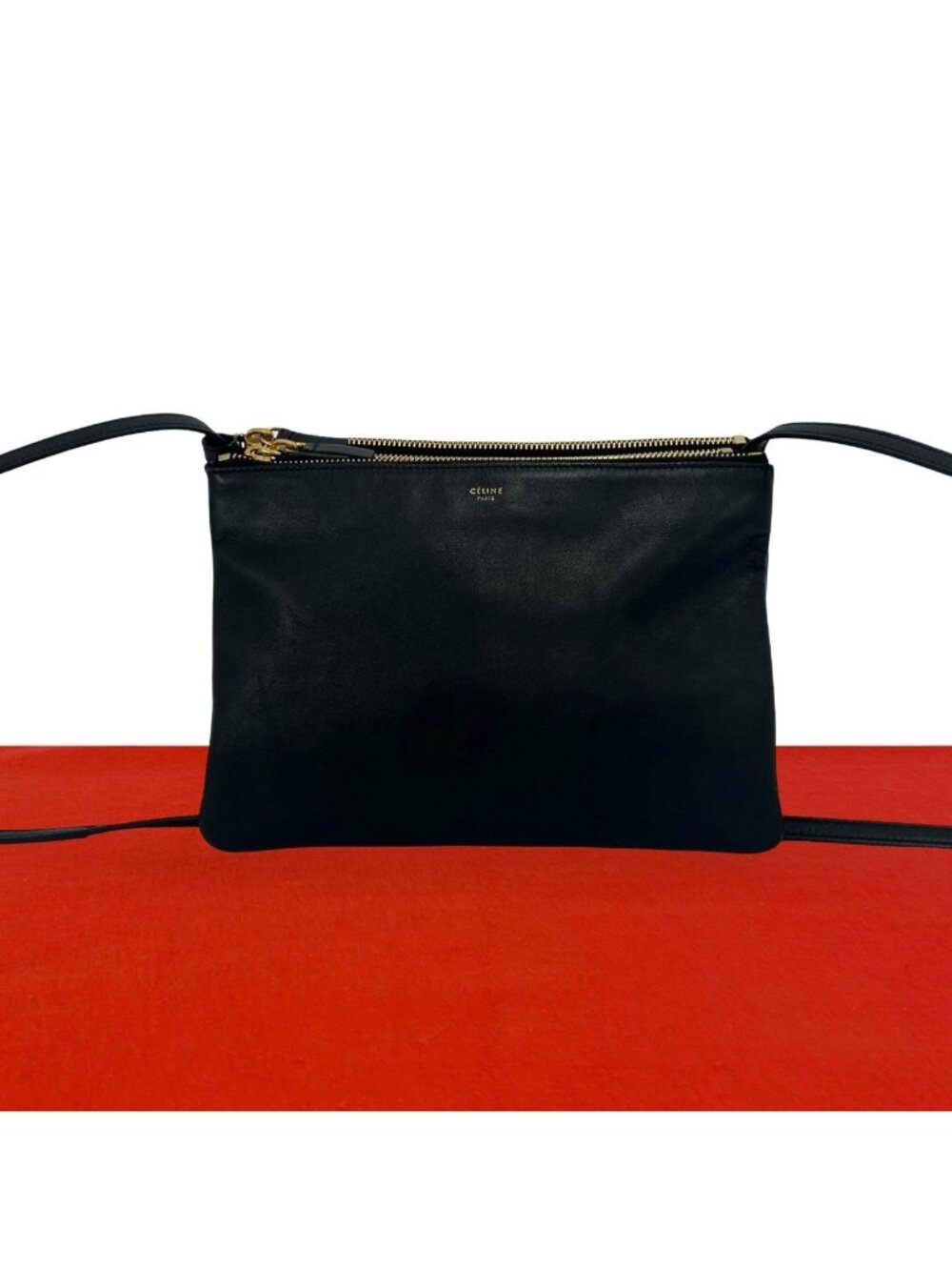 Celine Trio Logo Stamp Leather Shoulder Bag Pochette Crossbody Black